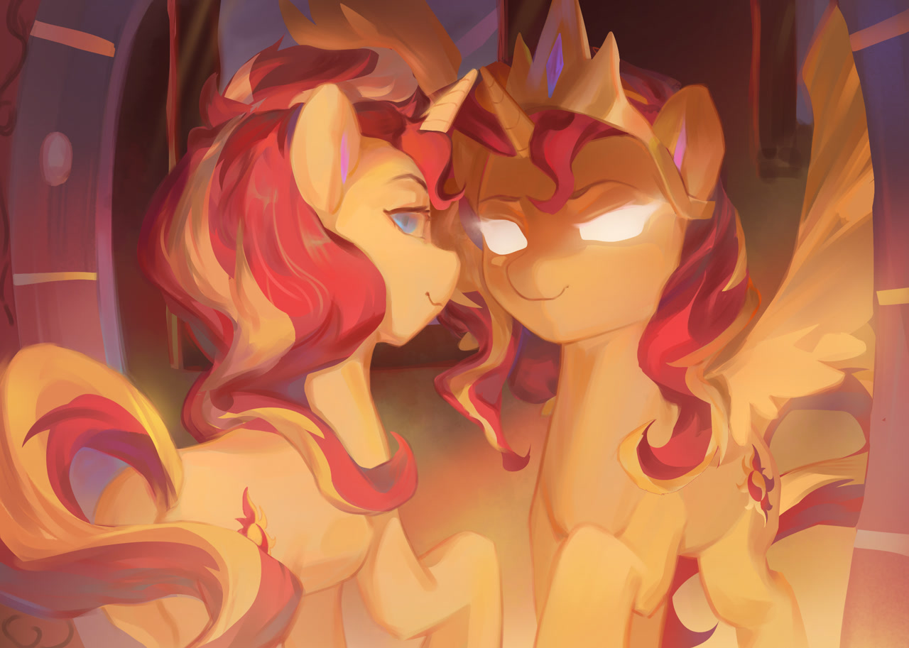 [alicorn,crown,female,g4,glowing,glowing eyes,jewelry,mare,mirror,pony,race swap,reflection,safe,unicorn,regalia,alicornified,sunset shimmer,shimmercorn,artist:xiangquxiaomaguo]