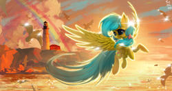 Size: 4096x2160 | Tagged: safe, alternate version, artist:tinybenz, derpibooru exclusive, oc, oc only, oc:zoran, oc:左岸, bird, pegasus, pony, seagull, backlighting, bow, cliff, commissioner:zoran, ear fluff, female, flying, golden hour, hair bow, lighthouse, long tail, mare, ocean, pegasus oc, rainbow, smiling, solo, spread wings, sunshine, tail, teal mane, teal tail, water, wings, yellow coat