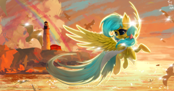 Size: 4096x2160 | Tagged: safe, alternate version, artist:tinybenz, derpibooru exclusive, oc, oc only, oc:zoran, oc:左岸, bird, pegasus, pony, seagull, backlighting, bow, cliff, clothes, commissioner:zoran, doctor, ear fluff, female, flying, golden hour, hair bow, lab coat, lighthouse, long tail, mare, ocean, pegasus oc, rainbow, smiling, solo, spread wings, sunshine, tail, teal mane, teal tail, water, wings, yellow coat