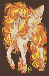 Size: 3300x5100 | Tagged: safe, artist:ashley-the-muffin, daybreaker, alicorn, pony, g4, antagonist, armor, concave belly, crown, digital art, ethereal mane, ethereal tail, eyelashes, eyeshadow, fangs, feather, female, fire, flowing mane, flowing tail, gem, helmet, hoof shoes, horn, jewelry, lidded eyes, long horn, looking at you, makeup, mane of fire, mare, open mouth, peytral, princess shoes, regalia, signature, simple background, slender, smiling, smiling at you, solo, spread wings, sternocleidomastoid, tail, tail of fire, teeth, thin, villainess, wing armor, wings, yellow eyes