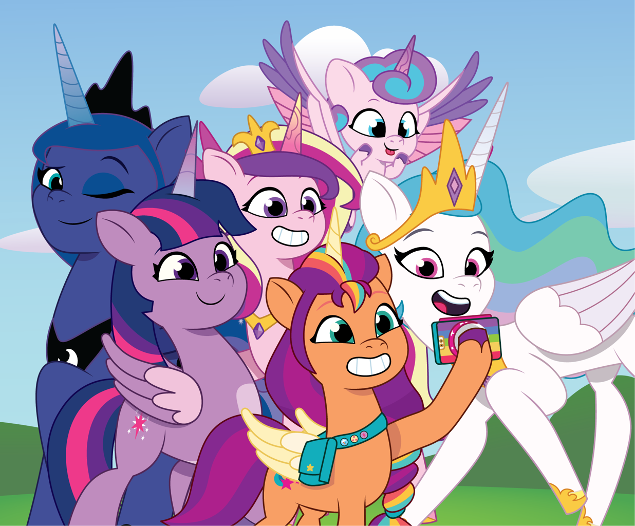 [alicorn,baby,baby pony,crown,cute,cutelestia,female,flowing mane,g4,g5,generation leap,grin,group photo,jewelry,mare,open mouth,phone,pony,princess cadance,princess celestia,princess luna,race swap,safe,siblings,sisters,twilight sparkle,unshorn fetlocks,regalia,tongue out,selfie,twiabetes,royal sisters,lunabetes,alicorn tetrarchy,alicorn pentarchy,smiling,cutedance,princess flurry heart,flurrybetes,twilight sparkle (alicorn),open smile,sunnybetes,g4 to g5,sunny starscout,sunnycorn,sunny and her heroine,my little pony: tell your tale,mane stripe sunny,artist:prixy05]