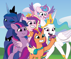 Size: 1804x1495 | Tagged: safe, artist:prixy05, princess cadance, princess celestia, princess flurry heart, princess luna, sunny starscout, twilight sparkle, alicorn, pony, g4, g5, my little pony: tell your tale, alicorn hexarchy, alicorn pentarchy, alicorn tetrarchy, baby, baby pony, cellphone, colored wings, crown, cute, cutedance, cutelestia, female, flowing mane, flurrybetes, g4 to g5, generation leap, grin, group photo, heartwarming, height difference, jewelry, lunabetes, mane stripe sunny, mare, open mouth, open smile, pale belly, phone, race swap, regalia, royal sisters, selfie, siblings, sisters, size difference, smartphone, smiling, sunny and her heroine, sunnybetes, sunnycorn, tall, tongue out, twiabetes, twilight sparkle (alicorn), two toned wings, unshorn fetlocks, wings