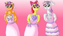 Size: 2876x1648 | Tagged: safe, artist:mojo1985, apple bloom, scootaloo, sweetie belle, earth pony, pegasus, pony, unicorn, anthro, g4, apple bloom's bow, bow, clothes, cutie mark crusaders, dress, female, filly, flower, flower filly, flower girl, flower girl dress, flower in hair, foal, gradient background, grin, hair bow, hands behind back, smiling, trio