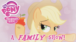 Size: 3359x1888 | Tagged: editor needed, safe, edit, edited screencap, screencap, applejack, earth pony, pony, ponies the anthology v, g4, season 4, simple ways, a family picture, a family show, apple, applejack's hat, bedroom eyes, caption, cowboy hat, dirty, female, food, hat, heart, logo, looking at you, male, mare, meme, nostalgia critic, offscreen character, pov, sexy, show logo, smiling, solo, stetson, stupid sexy applejack, text, you know for kids
