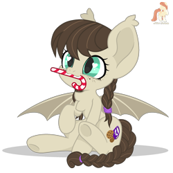 Size: 2000x2000 | Tagged: safe, artist:r4hucksake, oc, oc only, oc:cookie cream, bat pony, pony, base used, braid, braided pigtails, candy, candy cane, chest fluff, cute, ear tufts, female, filly, foal, food, freckles, high res, mare, mouth hold, ocbetes, pigtails, simple background, solo, transparent background