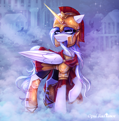 Size: 2912x2954 | Tagged: safe, artist:opal_radiance, oc, oc only, oc:opal rosamond, alicorn, pegasus, pony, armor, citizen, high res, not celestia, serious, soldier, solo, spartan