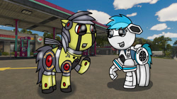 Size: 750x421 | Tagged: safe, artist:foxfer64_yt, oc, oc:acceron, oc:thunder (gp.r 64000 robot pony), original species, pony, robot, robot pony, asking, city, day, duo, ears back, gas station, hawaii, looking at each other, looking at someone, photo, raised hoof, talking