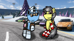 Size: 750x421 | Tagged: safe, artist:foxfer64_yt, oc, oc only, oc:silverstream (robot pony), oc:thunder (fl), pegasus, pony, robot, robot pony, car, christmas, christmas tree, duo, holding, holiday, looking at someone, looking at you, paper, paperholder, photo, sitting, tree, winter