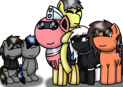 Size: 749x531 | Tagged: safe, artist:foxfer64_yt, oc, oc only, oc:juju, oc:onyxstar (fl), oc:razor uniboop, oc:robertapuddin, oc:thunder (fl), oc:trackhead, earth pony, original species, pegasus, pony, robot, robot pony, eyes closed, female, group hug, group photo, happy, hug, looking at each other, looking at someone, male, mare, riding, riding a pony, sitting, smiling, stallion