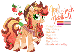 Size: 1920x1349 | Tagged: safe, artist:mrufka69, applejack, earth pony, pony, g4, alternate design, cloven hooves, demigirl pride flag, female, lesbian pride flag, mare, nose piercing, nose ring, piercing, pride, pride flag, raised hoof, reference sheet, shawl, simple background, solo, tail, tail wrap, transparent background