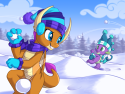 Size: 1032x774 | Tagged: safe, artist:sirzi, smolder, spike, dragon, g4, blue eyes, clothes, cute, dragoness, earmuffs, eyelashes, female, gloves, green eyes, grin, hat, male, mittens, open mouth, scarf, smiling, smolderbetes, snow, snowball, snowball fight, spikabetes, striped scarf, winter, winter hat, winter outfit