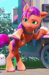 Size: 388x590 | Tagged: safe, screencap, curtle turtle, hitch trailblazer, steven, sunny starscout, bird, earth pony, pony, seagull, turtle, g5, my little pony: make your mark, my little pony: make your mark chapter 2, the cutie mark mix-up, spoiler:g5, spoiler:my little pony: make your mark, spoiler:my little pony: make your mark chapter 2, spoiler:mymc02e05, animated, coat markings, cute, female, gif, grumpy, i watch it for the ears, male, mane stripe sunny, mare, pouting, socks (coat markings), solo focus, stallion, sunny starscout is not amused, swapped cutie marks, unamused, unshorn fetlocks