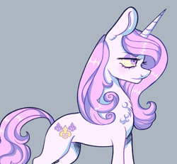 Size: 1553x1434 | Tagged: safe, artist:kreeeeeez, fleur-de-lis, pony, unicorn, g4, chest fluff, colored, concave belly, eyelashes, female, frown, lidded eyes, looking forward, mare, palindrome get, side view, slender, standing, thin, unamused, yellow eyes