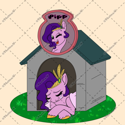 Size: 1200x1200 | Tagged: safe, artist:thelmavillagra, pipp petals, pegasus, pony, g5, crying, doghouse, family guy, female, go to your peter house, lying down, mare, obtrusive watermark, prone, solo, watermark