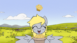 Size: 1920x1080 | Tagged: safe, artist:quotepony, edit, editor:derpsa, derpy hooves, pegasus, pony, g4, basket, cloud, cute, day, eyes closed, female, field, flower, food, happy, hill, mare, marequest, marequest:ait, muffin, open mouth, open smile, rock, sky, smiling, solo, spread wings, wings