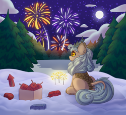 Size: 1500x1363 | Tagged: safe, artist:kutemango, oc, oc only, kirin, christmas, cloud, cute, event, fireworks, full body, full moon, happy new year, holiday, lake, looking at something, moon, new year, night, present, secret santa, sitting, snow, solo, sparkler (firework), sparkles, spruce tree, stars, tree, water