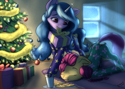 Size: 3508x2480 | Tagged: safe, artist:playful wings, izzy moonbow, sunny starscout, earth pony, pony, unicorn, g5, bum flap, christmas, christmas pajamas, christmas sleepwear, christmas tree, clothes, cookie, cute, food, footed sleeper, footie pajamas, high res, holiday, milk, onesie, pajamas, present, tree