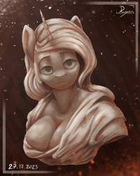 Size: 2472x3107 | Tagged: safe, artist:ryanmandraws, princess celestia, alicorn, anthro, g4, big breasts, breasts, bust, busty princess celestia, clothes, digital painting, high res, painting, revealing clothing, smiling, statue, toga