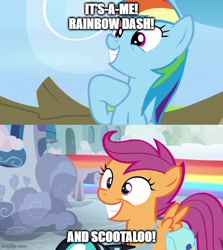 Size: 500x561 | Tagged: safe, edit, edited screencap, screencap, rainbow dash, scootaloo, pegasus, pony, g4, parental glideance, bag, camera, caption, commercial, cute, cutealoo, dashabetes, duo, female, filly, foal, grin, image macro, impact font, luigi, mare, mario, meme, parody, reference, reference in the description, saddle bag, scene parody, siblings, sisters, smiling, super mario bros., text, the super mario bros. movie
