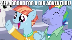 Size: 888x499 | Tagged: safe, edit, edited screencap, screencap, bow hothoof, sweetie belle, windy whistles, pegasus, pony, unicorn, g4, parental glideance, ^^, big world big adventures, bowabetes, caption, clothes, cute, eyes closed, female, filly, foal, image macro, impact font, jacket, male, mare, meme, open mouth, open smile, parody, reference, scene parody, smiling, stallion, text, thomas and friends, thomas the tank engine, trio, windybetes