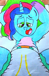 Size: 1934x2990 | Tagged: safe, artist:bitter sweetness, misty brightdawn, pony, unicorn, g5, abdl, adult foal, diaper, diaper fetish, fetish, looking at you, non-baby in diaper, poofy diaper, rebirth misty, traditional art