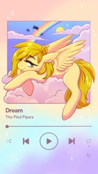 Size: 1152x2048 | Tagged: safe, artist:pumasnooze, oc, oc only, oc:caramel drop, pegasus, pony, cloud, commission, female, lidded eyes, lying down, lying on a cloud, mare, no source available, on a cloud, smiling, solo focus, song reference, spotify, ych result