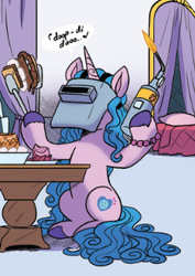 Size: 229x324 | Tagged: safe, artist:amy mebberson, idw, official comic, izzy moonbow, pony, unicorn, g5, my little pony: tell your tale, spoiler:comic, spoiler:g5comic, spoiler:g5comic20, blowtorch, female, food, hoof hold, humming, mare, plate, s'mores, this will end in fire, welding mask