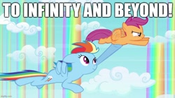 Size: 888x499 | Tagged: safe, edit, edited screencap, screencap, rainbow dash, scootaloo, pegasus, pony, g4, sleepless in ponyville, buzz lightyear, caption, duo, female, filly, flying, foal, image macro, impact font, mare, meme, parody, rainbow falls (location), rainbow waterfall, reference, scene parody, siblings, sisters, smiling, text, toy story, woody