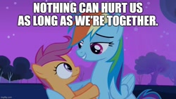 Size: 889x500 | Tagged: safe, edit, edited screencap, screencap, rainbow dash, scootaloo, pegasus, pony, g4, sleepless in ponyville, caption, cute, cutealoo, dashabetes, duo, female, filly, foal, grin, hug, image macro, impact font, looking at each other, looking at someone, luigi, mare, mario, meme, night, parody, reference, scene parody, scootalove, siblings, sisters, smiling, starry night, super mario bros., sweet dreams fuel, text, the super mario bros. movie, winghug, wings