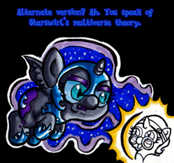 Size: 1162x1086 | Tagged: safe, artist:darkone10, artist:legaspingman, nightmare moon, oc, oc:nyx, alicorn, pony, g4, alicorn oc, black background, cute, dream orb, dream orbs, dream realm, dream walker, dreamscape, duo, duo female, female, filly, floating, foal, horn, implied self ponidox, incoming, incoming self ponidox, nightmare woon, nyxabetes, ocbetes, self paradox, self ponidox, simple background, text, the fun has been doubled, tumblr:asktwilyandwoon, wings