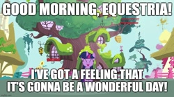 Size: 888x499 | Tagged: safe, edit, edited screencap, screencap, twilight sparkle, pony, unicorn, g4, magical mystery cure, ^^, american dad, caption, cute, eyes closed, female, golden oaks library, good morning usa, image macro, impact font, mare, meme, parody, reference, scene parody, singing, solo, song in the description, text, twiabetes, unicorn twilight
