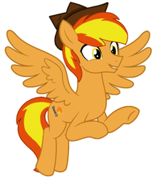 Size: 1069x1223 | Tagged: safe, artist:star-heart2002, oc, oc only, oc:firey ratchet, pegasus, g4, fedora, flying, hat, male, simple background, smiling, solo, transparent background, vector