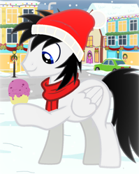 Size: 828x1040 | Tagged: safe, artist:star-heart2002, oc, oc only, oc:shane park, pegasus, city, clothes, food, hat, ice cream, ice cream cone, male, scarf, snow, solo, winter, winter hat