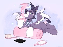 Size: 3310x2445 | Tagged: safe, artist:sugarstar, oc, pegasus, pony, brush, ear piercing, high res, lying down, piercing, solo, sparkles, spread wings, wings