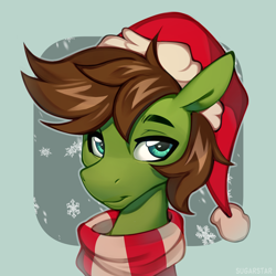 Size: 2500x2500 | Tagged: safe, artist:sugarstar, oc, oc only, oc:kozzy, pony, christmas, clothes, green background, hat, high res, holiday, santa hat, scarf, simple background, smiling, snow, snowflake, solo, striped scarf