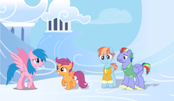 Size: 1859x1087 | Tagged: safe, artist:deratrox, artist:invisibleink, artist:mandash17, artist:roman-santos, bow hothoof, firefly, scootaloo, windy whistles, pegasus, pony, g1, g4, clothes, cloudsdale, cute, cutealoo, dialogue in the description, father and child, father and daughter, female, filly, foal, freckles, generation leap, grandmother and grandchild, grin, headcanon, headcanon in the description, jacket, male, mare, mother and child, mother and daughter, offspring, parent:bow hothoof, parent:firefly, parent:windy whistles, parents:windyhoof, reference in the description, scootadoption, scootalove, smiling, spread wings, stallion, story included, wings