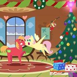 Size: 2160x2160 | Tagged: safe, anonymous artist, big macintosh, fluttershy, oc, oc:late riser, earth pony, pegasus, pony, series:fm holidays, series:hearth's warming advent calendar 2023, g4, a christmas story, advent calendar, alternate hairstyle, angry, argument, baby, baby pony, bb gun, christmas, christmas presents, christmas tree, clothes, colt, eyes closed, face grab, family, female, fluttershy's cottage, flying, foal, gritted teeth, happy, high res, holiday, hoof hold, lineless, male, mare, offspring, one eye closed, open mouth, open smile, pajamas, parent:big macintosh, parent:fluttershy, parents:fluttermac, pointy ponies, present, ship:fluttermac, shipping, short mane, smiling, stallion, straight, teeth, tree