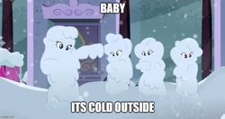 Size: 950x500 | Tagged: safe, screencap, applejack, fluttershy, rainbow dash, rarity, human, equestria girls, g4, my little pony equestria girls: better together, street chic, baby it's cold outside (song), caption, female, meme, reference, snow, song reference, text, winter