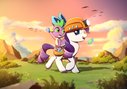 Size: 3508x2480 | Tagged: safe, artist:harukiicat, rarity, spike, dragon, pony, g4, basket, dragons riding ponies, duo, duo male and female, female, gem, helmet, high res, magic, magic aura, male, mare, mining helmet, outdoors, ribbon, riding, scenery, smiling, spike riding rarity, sunset, walking