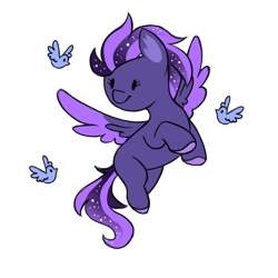 Size: 512x512 | Tagged: safe, artist:_candypone_, oc, oc only, oc:shadow galaxy, bird, pegasus, pony, chibi, commission, ethereal mane, female, flying, hooves, mare, simple background, smiling, solo, starry mane, starry tail, tail, transparent background