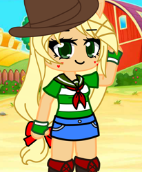 Size: 890x1080 | Tagged: safe, artist:80ssuperstar, applejack, earth pony, anthro, equestria girls, g4, applejack's hat, barn, boots, clothes, cowboy hat, farm, female, gacha club, hat, pony ears, shoes, solo, tail