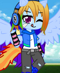 Size: 891x1080 | Tagged: safe, artist:80ssuperstar, rainbow dash, anthro, equestria girls, g4, clothes, female, gacha club, headphones, pony ears, solo, tail, wings