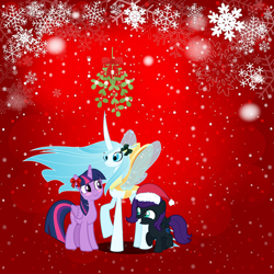 Size: 1000x1000 | Tagged: safe, artist:estories, artist:orin331, queen chrysalis, twilight sparkle, oc, oc:nyx, alicorn, changedling, changeling, pony, g4, a better ending for chrysalis, adopted, adopted offspring, blushing, christmas, christmas picture, cute, cutealis, female, filly, foal, good end, grin, happy hearth's warming, hat, headcanon, headcanon in the description, hearth's warming, holiday, lesbian, mare, married couple, mistleholly, mommy chrissy, mother and child, mother and daughter, nyxabetes, ocbetes, orin's chrysalis, parent:queen chrysalis, parent:twilight sparkle, parents:twisalis, purified chrysalis, raised hoof, redemption, reformed, ribbon, santa hat, ship:twisalis, shipping, smiling, song in the description, spread wings, trio, twiabetes, twilight sparkle (alicorn), wings