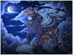 Size: 1280x960 | Tagged: safe, artist:binibean, rainbow dash, pegasus, pony, g4, clothes, costume, crescent moon, falling leaves, female, goggles, leaves, mare, moon, night, partially open wings, raised hoof, shadowbolt dash, shadowbolts costume, solo, windswept mane, wings