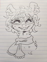 Size: 1536x2048 | Tagged: safe, artist:chibichangeling, grandma figgy, earth pony, pony, g5, blush lines, blushing, bust, clothes, eyes closed, female, fluffy, glasses, grin, lined paper, mare, scarf, smiling, solo, traditional art