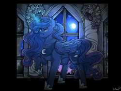 Size: 1280x960 | Tagged: safe, artist:binibean, princess luna, alicorn, pony, g4, canterlot castle, female, full moon, glowing, glowing horn, horn, looking at you, mare, moon, smiling, smiling at you, solo