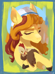 Size: 1200x1600 | Tagged: safe, artist:slimeprints, artist:storyteller, oc, oc only, oc:omelette, bird, chicken, bust, collaboration, curly mane, cute, ear fluff, eyes closed, hat, holding, hug, painting, portrait, simple background, smiling, unshorn fetlocks