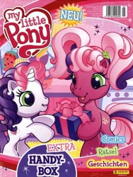 Size: 452x600 | Tagged: safe, cheerilee (g3), sweetie belle (g3), earth pony, pony, unicorn, g3, g3.5, official, 2010, 2010s, barcode, bipedal, box, duo, english, female, filly, foal, german, kitchen, magazine, mare, merchandise, my little pony logo, needs more jpeg, open mouth, open smile, pigtails, present, rearing, smiling, text