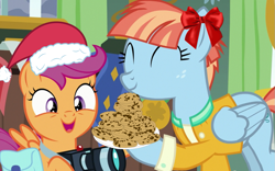 Size: 1023x640 | Tagged: artist needed, safe, edit, edited screencap, screencap, scootaloo, windy whistles, pegasus, pony, g4, parental glideance, ^^, adopted, adopted offspring, bag, camera, christmas, clothes, cookie, cute, cutealoo, dialogue in the description, duo, eyes closed, female, filly, foal, food, freckles, hat, headcanon, headcanon in the description, hearth's warming, holiday, jacket, mare, open mouth, open smile, parent:windy whistles, plate, ribbon, saddle bag, santa hat, scootadoption, scootalove, smiling, song in the description, windybetes