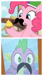 Size: 1080x1920 | Tagged: safe, edit, screencap, pinkie pie, spike, dragon, pony, g4, cupcake, facial hair, fake moustache, female, food, male, mirror, moustache